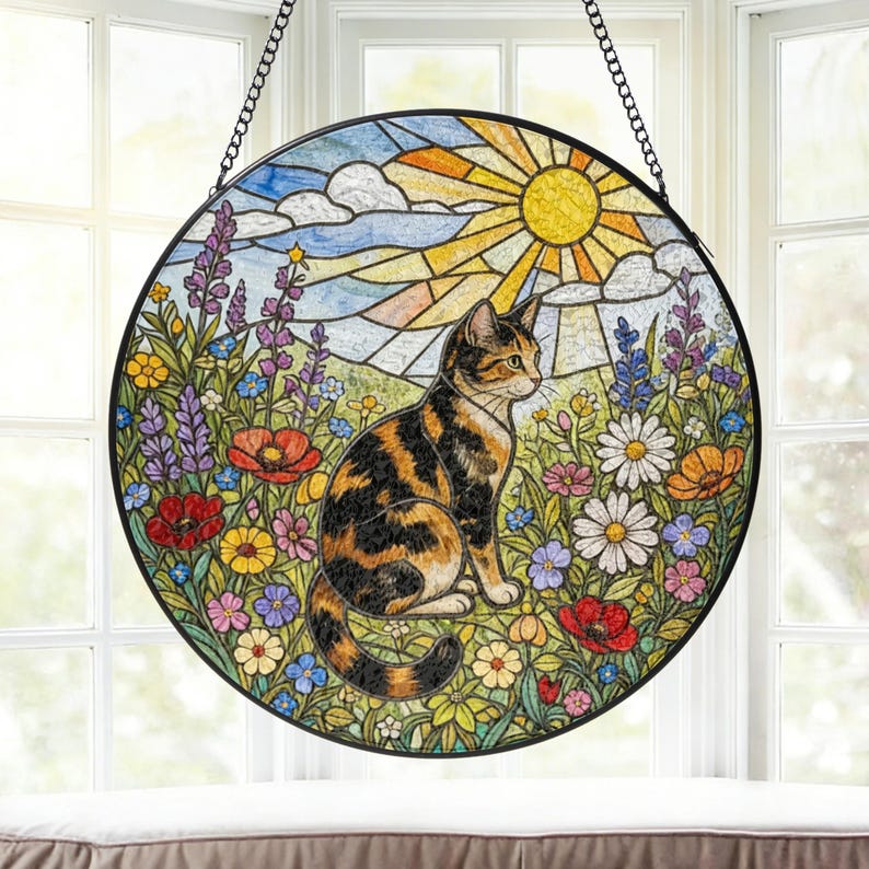 Glasmalerei Suncatcher Glückskatze Fensterbehang mit Wildblumen, 10-30 cm, Metallrahmen, Saugnapf