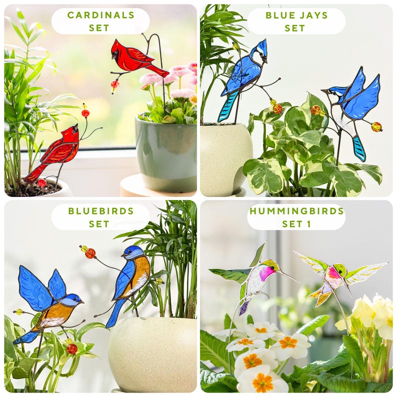 Glas Kolibri Pflanzenstecker Set Indoor Blumendekoration Handbemalt