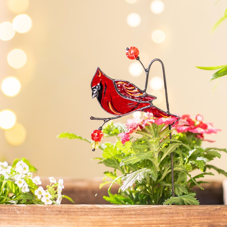 Handbemalter roter Glasvogel für Pflanzenarrangement und Wohnkultur