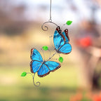 Set aus zwei blauen Morphofaltern aus Buntglas, 8 x 4,25 Zoll, Fensterdekoration, Sonnenfänger
