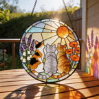 Runder Buntglas-Sonnenfänger mit drei Katzen und Blumen, Fensterhängedekor, 15-38 cm
