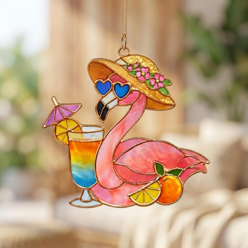 Flamingo Acryl Fensterbehang Cocktail Buntglas Suncatcher tropisches Dekor