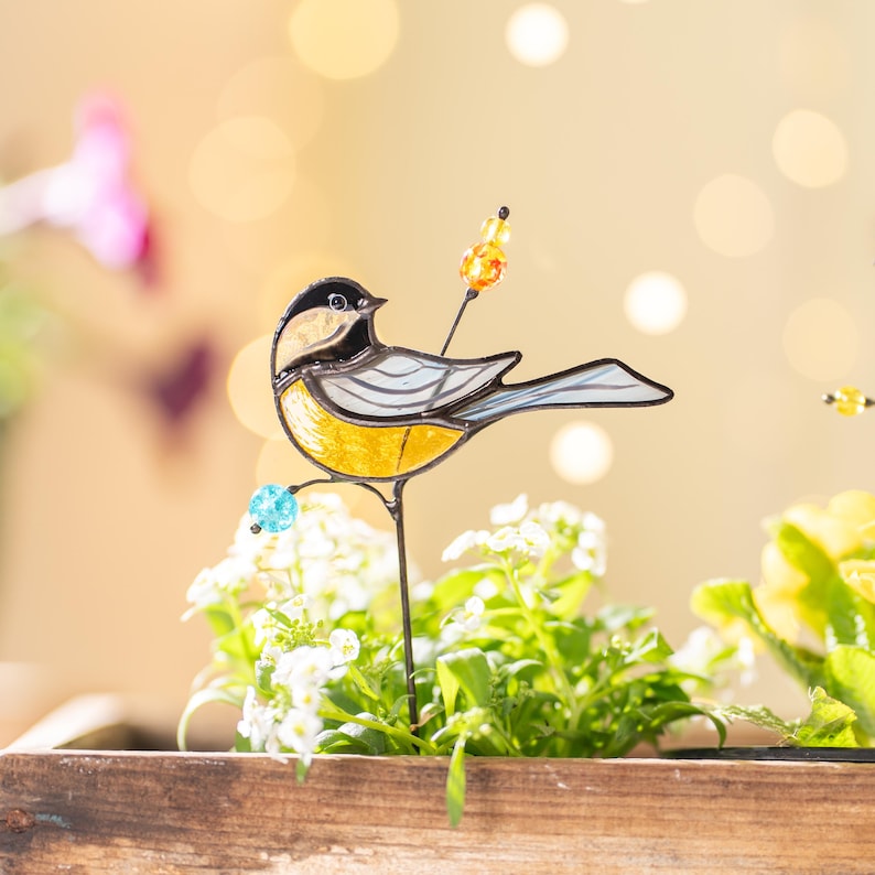 Buntglas Vogel Gartenstecker Kohlmeise für Zimmerpflanzen Topfdekoration Landhausstil Handgefertigt Grau Gelb