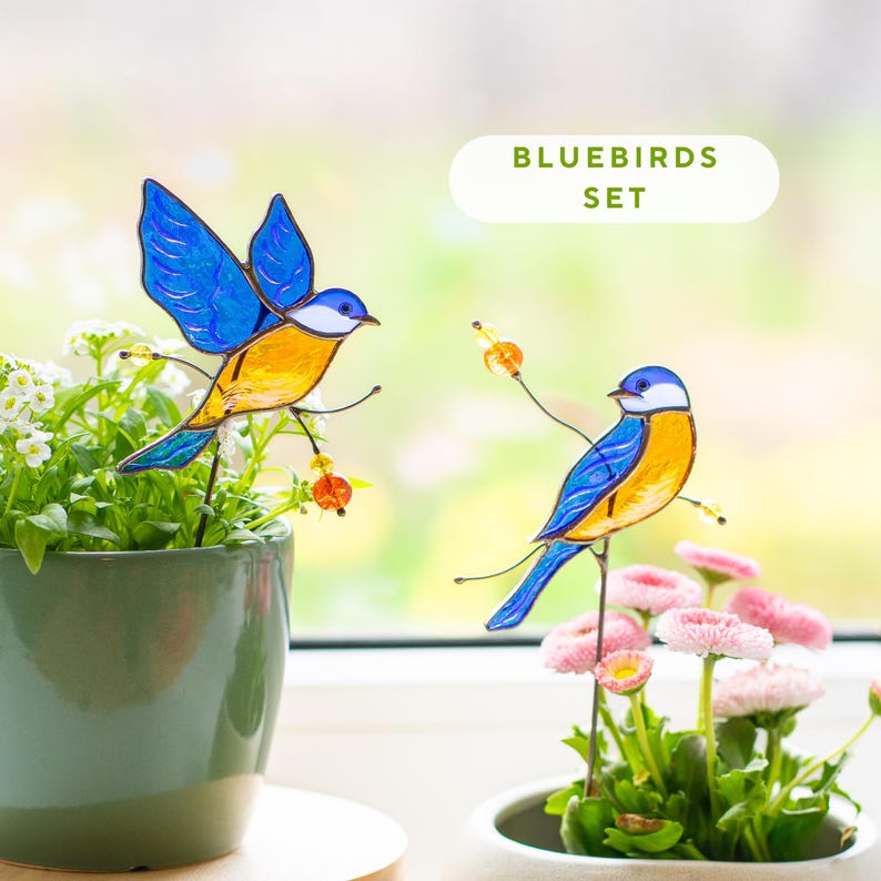 Buntglas Vogel Gartenstecker Kohlmeise für Zimmerpflanzen Topfdekoration Landhausstil Handgefertigt Grau Gelb