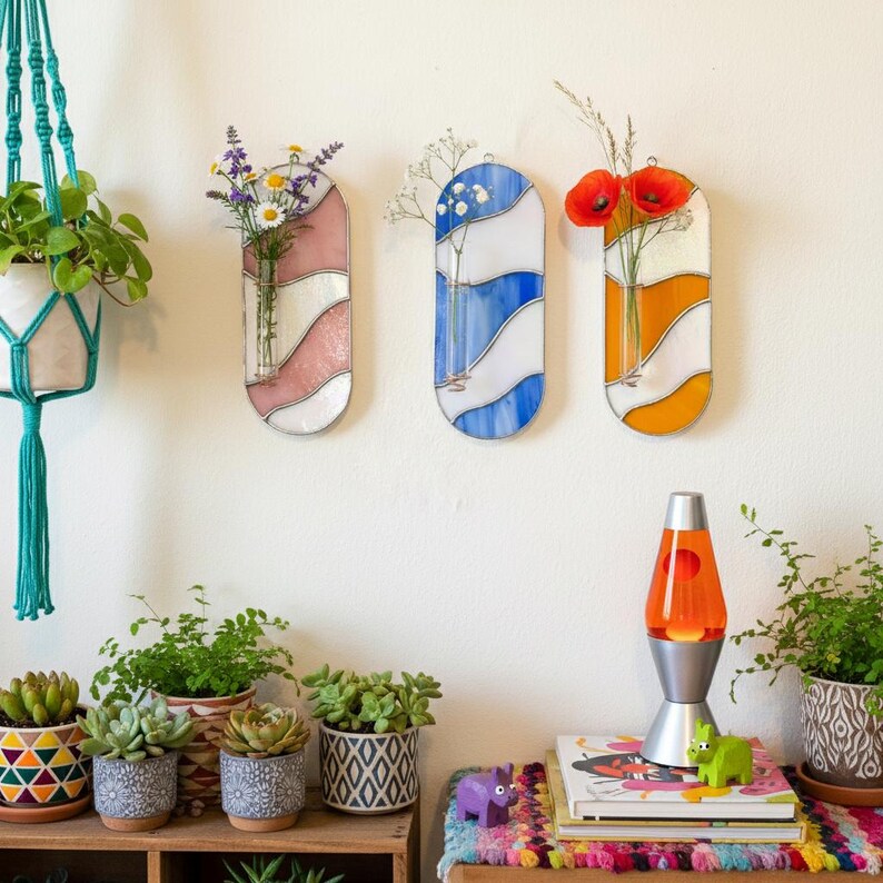 Buntglas-Wandvase Orange-Pink Welle, Tiffany-Kupferfolie, mit Reagenzglas | Vermehrungsstation, Wanddekor