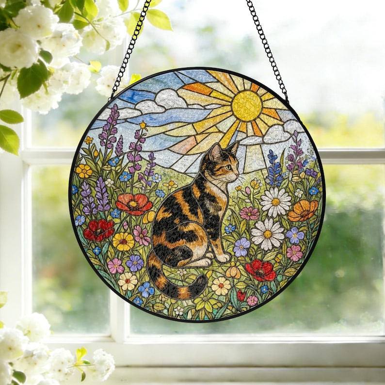 Glasmalerei Suncatcher Glückskatze Fensterbehang mit Wildblumen, 10-30 cm, Metallrahmen, Saugnapf