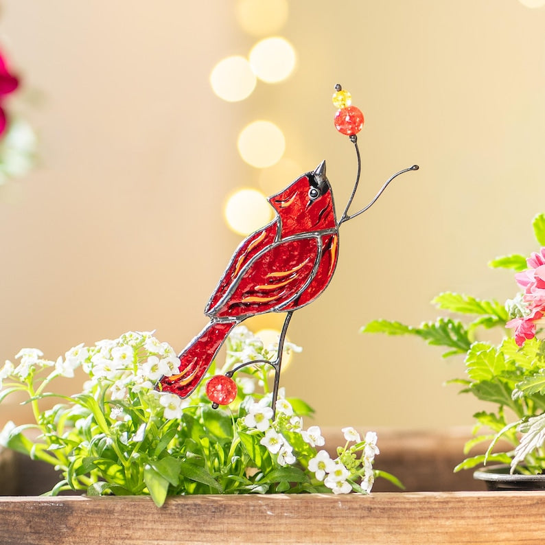 Handbemalter roter Glasvogel für Pflanzenarrangement und Wohnkultur