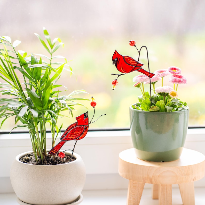 Handbemalter roter Glasvogel für Pflanzenarrangement und Wohnkultur