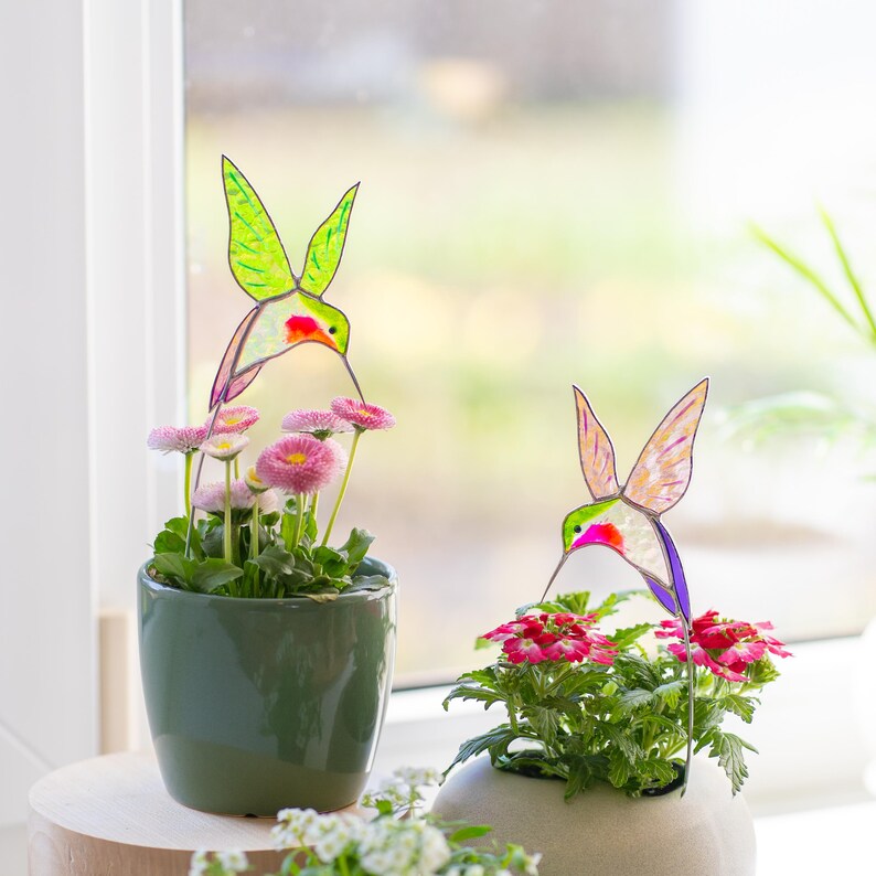 Glasmalerei Kolibri Pflanzenstecker für Zimmerpflanzen Fensterdekor