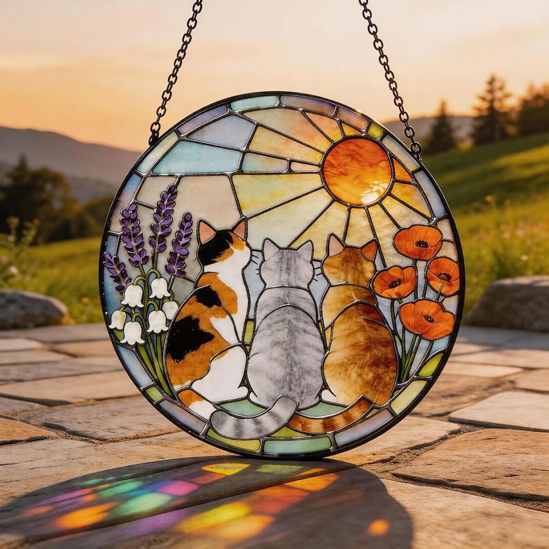 Runder Buntglas-Sonnenfänger mit drei Katzen und Blumen, Fensterhängedekor, 15-38 cm