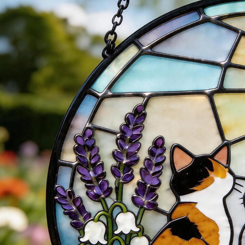 Runder Buntglas-Sonnenfänger mit drei Katzen und Blumen, Fensterhängedekor, 15-38 cm