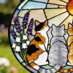 Runder Buntglas-Sonnenfänger mit drei Katzen und Blumen, Fensterhängedekor, 15-38 cm