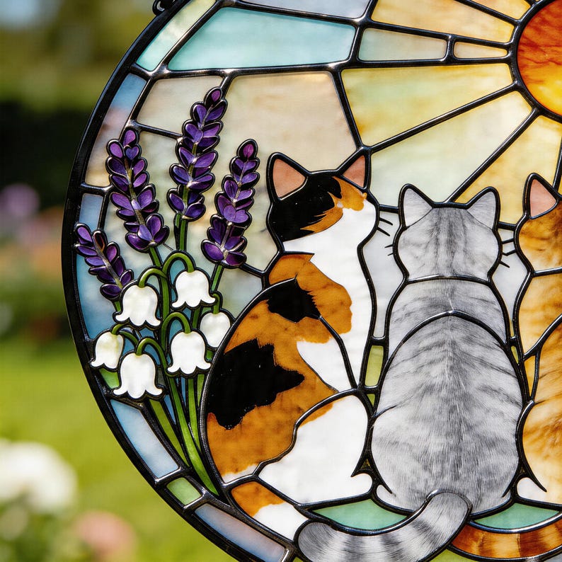 Runder Buntglas-Sonnenfänger mit drei Katzen und Blumen, Fensterhängedekor, 15-38 cm