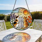 Runder Buntglas-Sonnenfänger mit drei Katzen und Blumen, Fensterhängedekor, 15-38 cm
