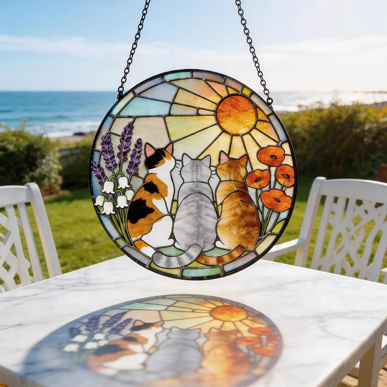 Runder Buntglas-Sonnenfänger mit drei Katzen und Blumen, Fensterhängedekor, 15-38 cm