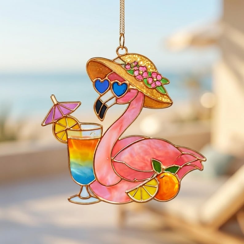 Flamingo Acryl Fensterbehang Cocktail Buntglas Suncatcher tropisches Dekor