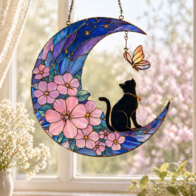 Katze auf Halbmond Acryl-Fensterbehang Blumen Faux-Buntglas Suncatcher