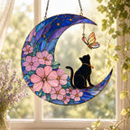 Katze auf Halbmond Acryl-Fensterbehang Blumen Faux-Buntglas Suncatcher