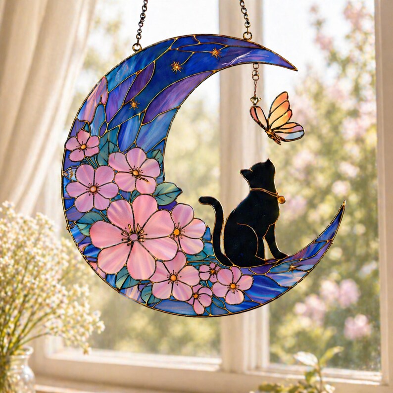 Katze auf Halbmond Acryl-Fensterbehang Blumen Faux-Buntglas Suncatcher