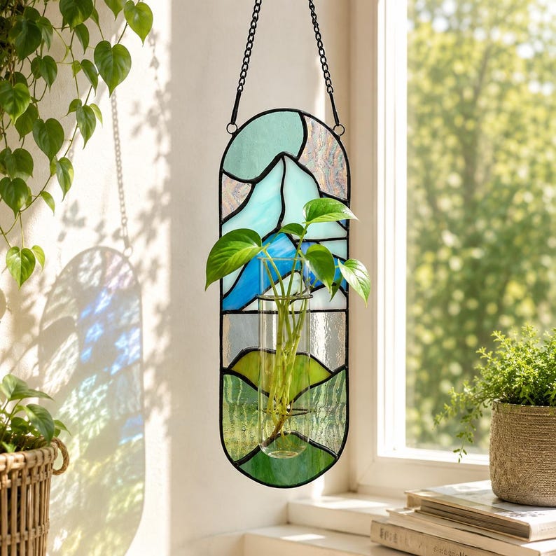 Handgefertigter Buntglas-Hängetopf, Innen-Wandpflanzer mit Reagenzglas-Vase, für Luftpflanzen, 18-25cm