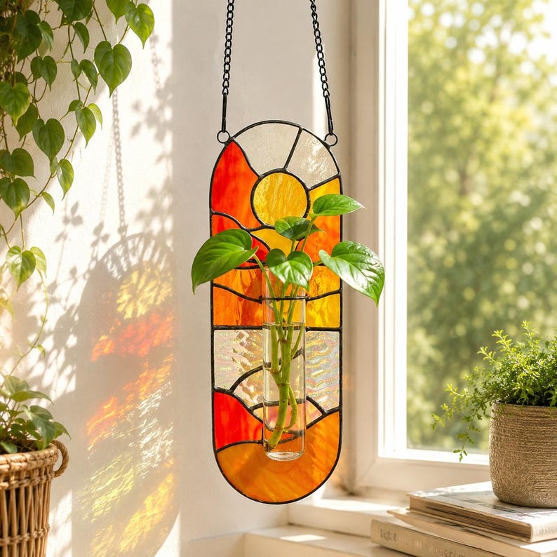 Handgefertigter Buntglas-Hängetopf, Innen-Wandpflanzer mit Reagenzglas-Vase, für Luftpflanzen, 18-25cm