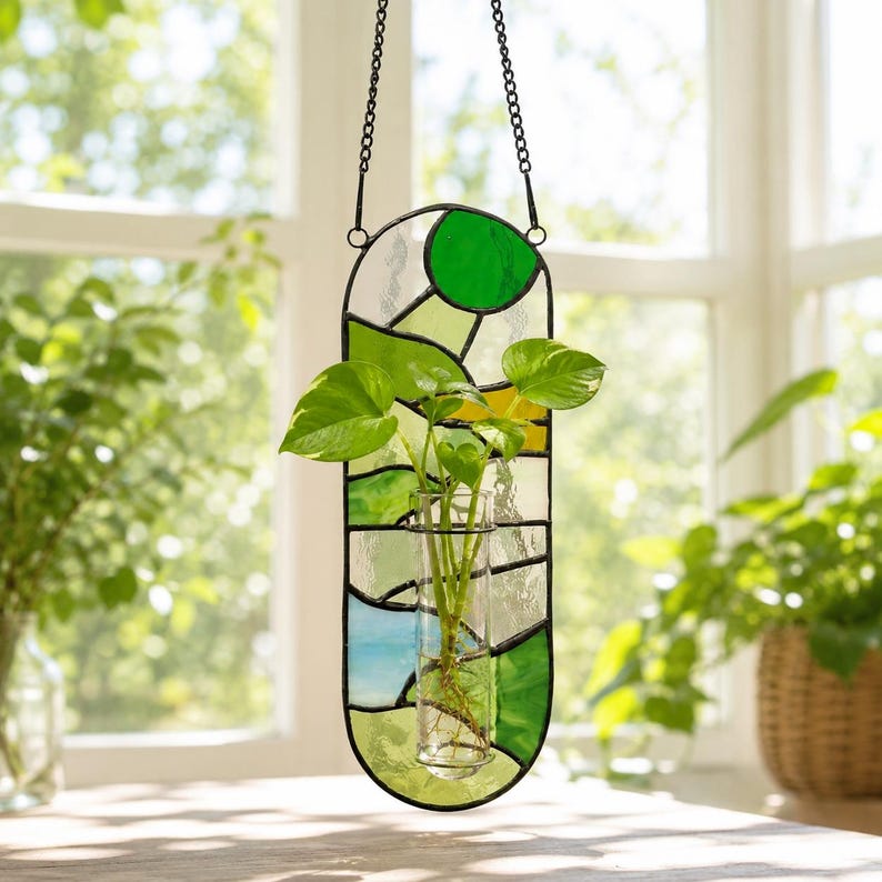Handgefertigter Buntglas-Hängetopf, Innen-Wandpflanzer mit Reagenzglas-Vase, für Luftpflanzen, 18-25cm