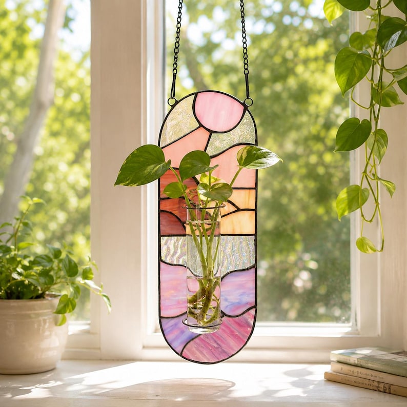 Handgefertigter Buntglas-Hängetopf, Innen-Wandpflanzer mit Reagenzglas-Vase, für Luftpflanzen, 18-25cm
