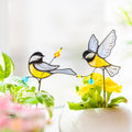 Buntglas Vogel Gartenstecker Kohlmeise für Zimmerpflanzen Topfdekoration Landhausstil Handgefertigt Grau Gelb