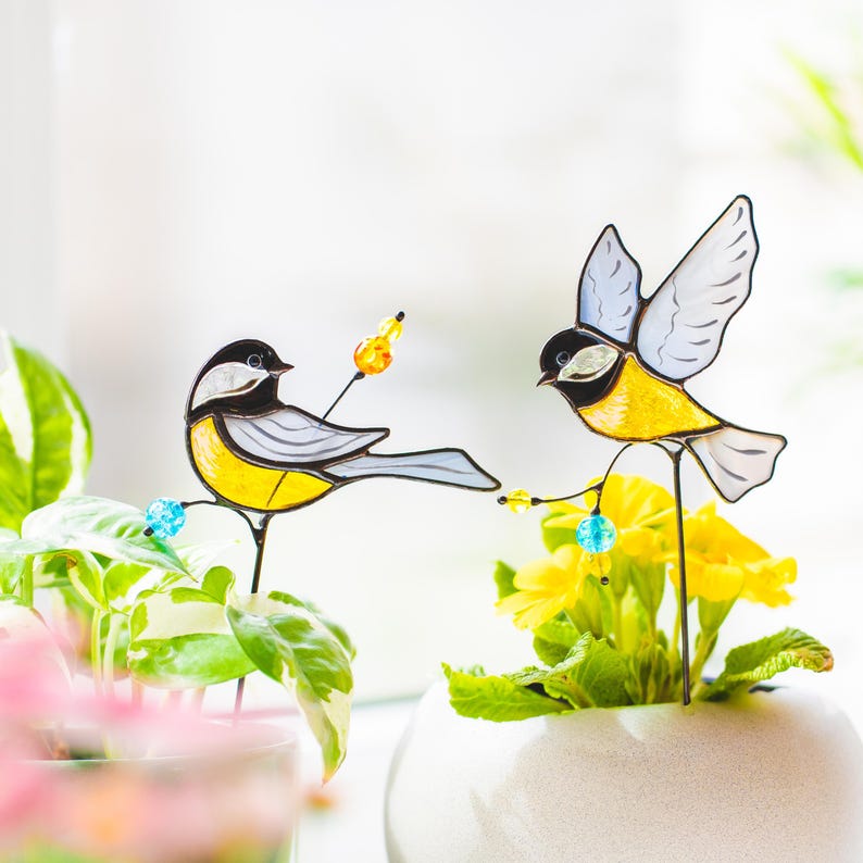 Buntglas Vogel Gartenstecker Kohlmeise für Zimmerpflanzen Topfdekoration Landhausstil Handgefertigt Grau Gelb