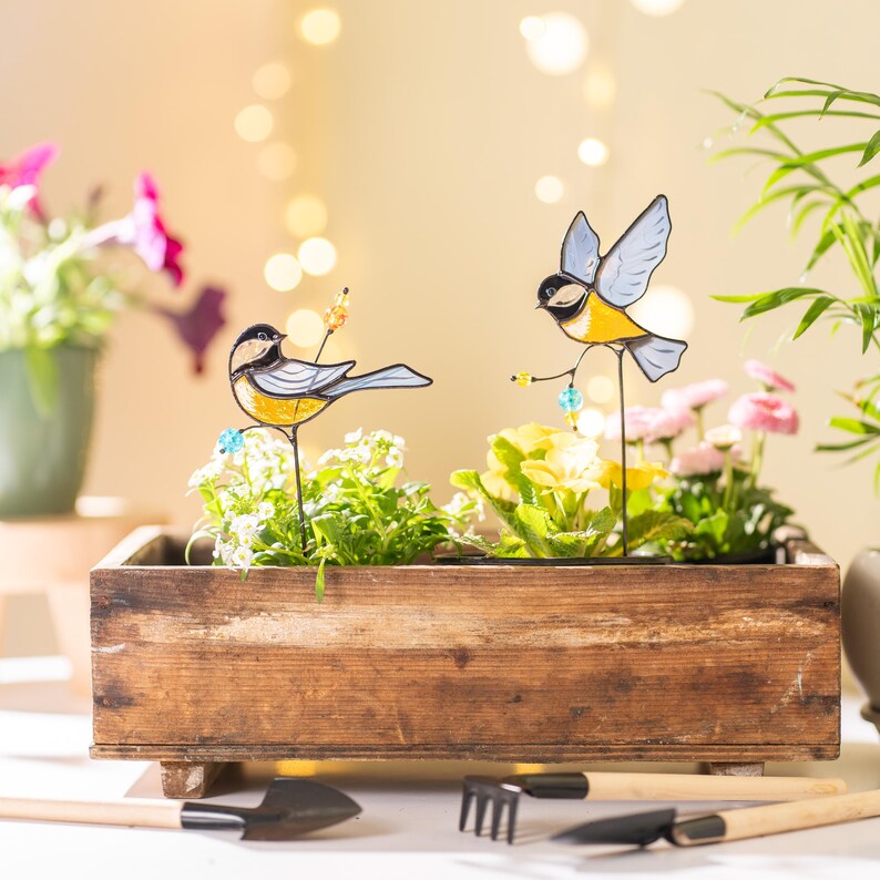 Buntglas Vogel Gartenstecker Kohlmeise für Zimmerpflanzen Topfdekoration Landhausstil Handgefertigt Grau Gelb