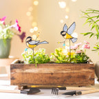 Buntglas Vogel Gartenstecker Kohlmeise für Zimmerpflanzen Topfdekoration Landhausstil Handgefertigt Grau Gelb