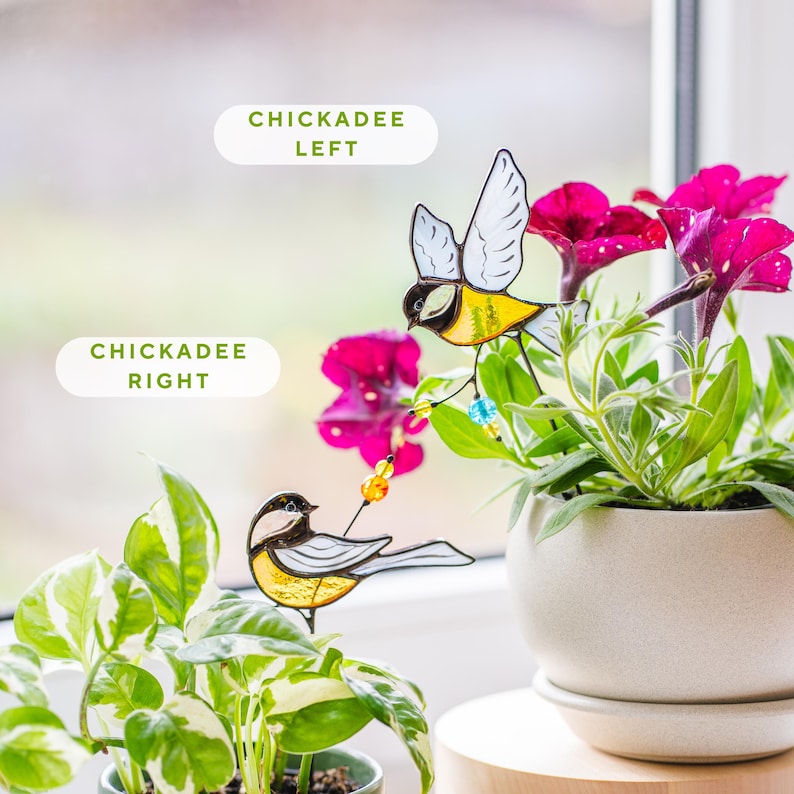 Buntglas Vogel Gartenstecker Kohlmeise für Zimmerpflanzen Topfdekoration Landhausstil Handgefertigt Grau Gelb