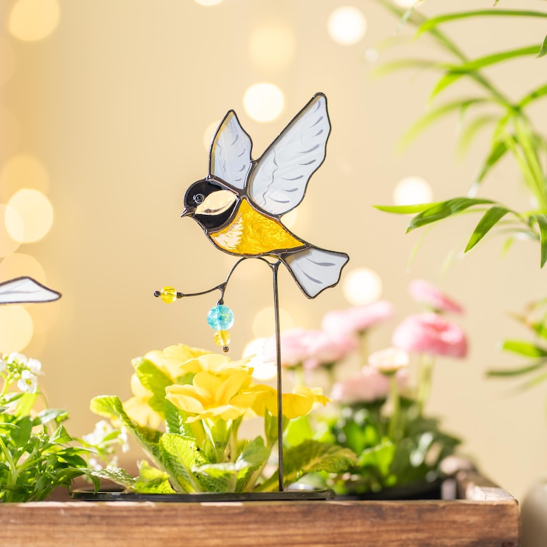 Buntglas Vogel Gartenstecker Kohlmeise für Zimmerpflanzen Topfdekoration Landhausstil Handgefertigt Grau Gelb