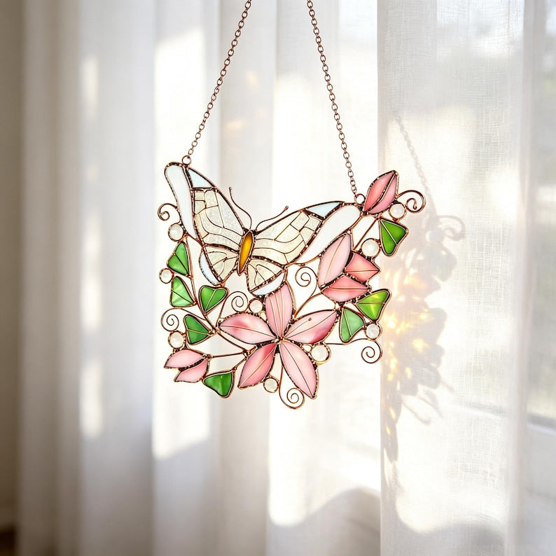 Buntglas Schmetterling Sonnenfänger, rosa Blumen Fensterhänger, Schlafzimmerdekoration, Schmetterlingsornamente
