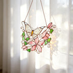 Buntglas Schmetterling Sonnenfänger, rosa Blumen Fensterhänger, Schlafzimmerdekoration, Schmetterlingsornamente