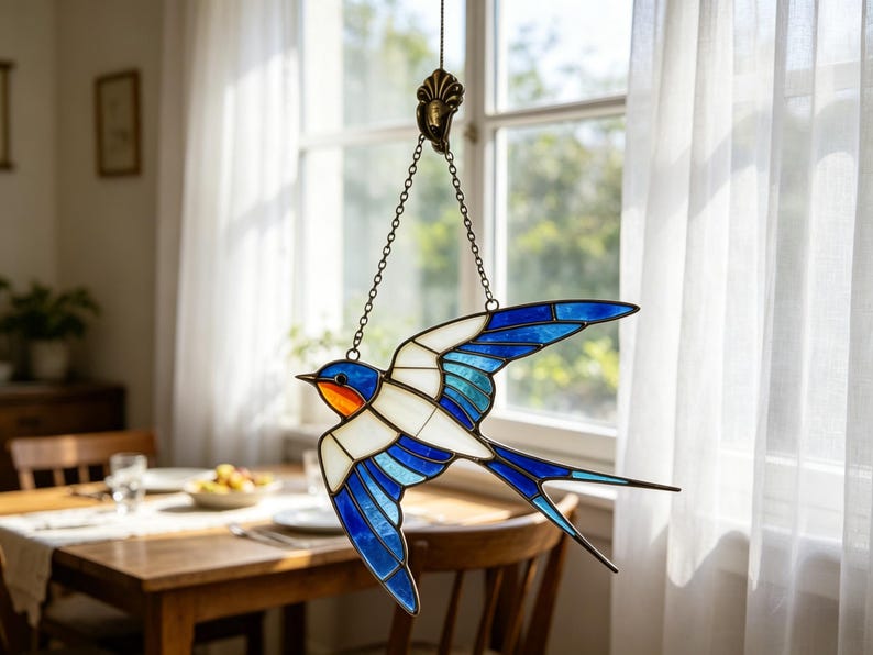 Buntglas Schwalbe Vogel Sonnenfänger, blau-weißer fliegender Vogel Lichtfänger für Fenster, 15x10 cm