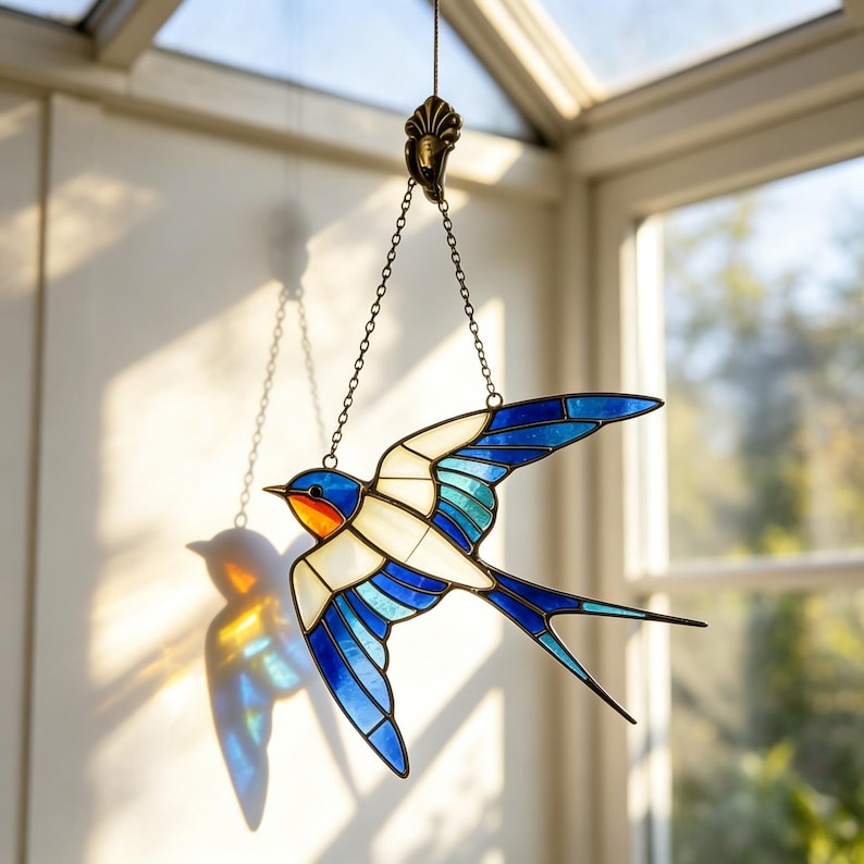 Buntglas Schwalbe Vogel Sonnenfänger, blau-weißer fliegender Vogel Lichtfänger für Fenster, 15x10 cm