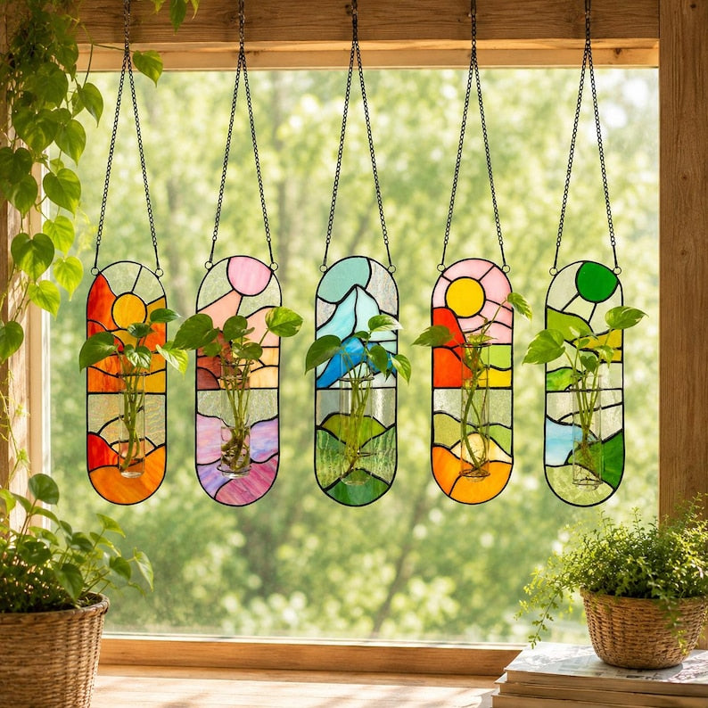 Handgefertigter Buntglas-Hängetopf, Innen-Wandpflanzer mit Reagenzglas-Vase, für Luftpflanzen, 18-25cm