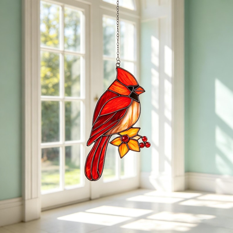 Roter Kardinal Buntglas Sonnenfänger, leuchtender roter Vogel Fensterhänger für Bauernhausdekoration, rot orange
