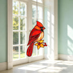 Roter Kardinal Buntglas Sonnenfänger, leuchtender roter Vogel Fensterhänger für Bauernhausdekoration, rot orange