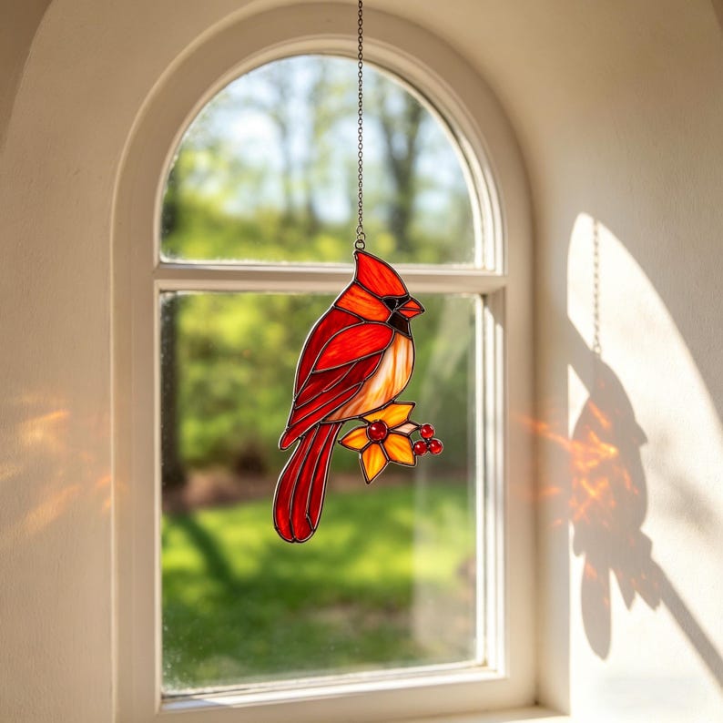 Roter Kardinal Buntglas Sonnenfänger, leuchtender roter Vogel Fensterhänger für Bauernhausdekoration, rot orange