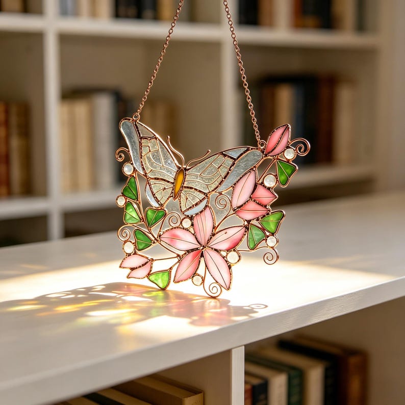 Buntglas Schmetterling Sonnenfänger, rosa Blumen Fensterhänger, Schlafzimmerdekoration, Schmetterlingsornamente