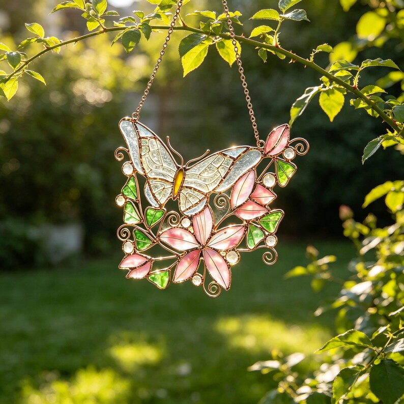Buntglas Schmetterling Sonnenfänger, rosa Blumen Fensterhänger, Schlafzimmerdekoration, Schmetterlingsornamente