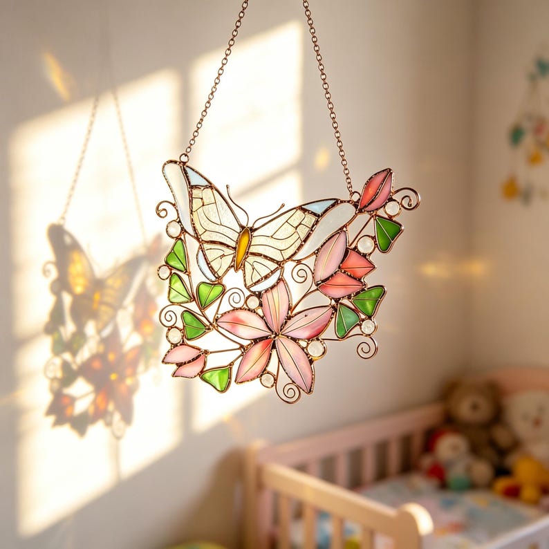 Buntglas Schmetterling Sonnenfänger, rosa Blumen Fensterhänger, Schlafzimmerdekoration, Schmetterlingsornamente