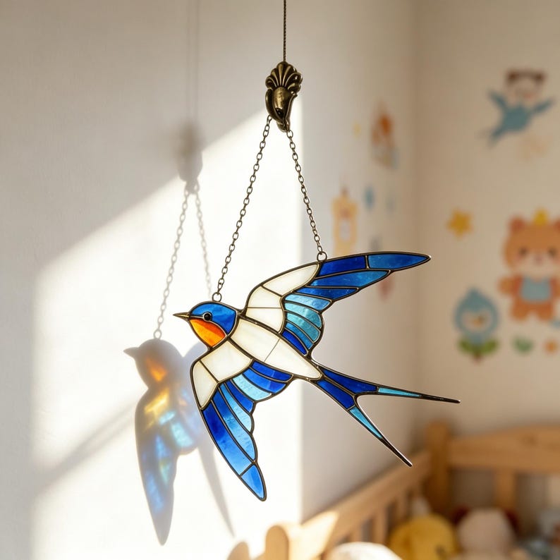 Buntglas Schwalbe Vogel Sonnenfänger, blau-weißer fliegender Vogel Lichtfänger für Fenster, 15x10 cm