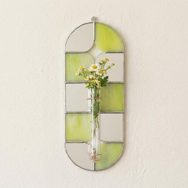 Buntglas-Wandvase, lindgrüner Spiegel, Schachbrett, Vermehrungsstation, Gartenkunst Pflanzendekor