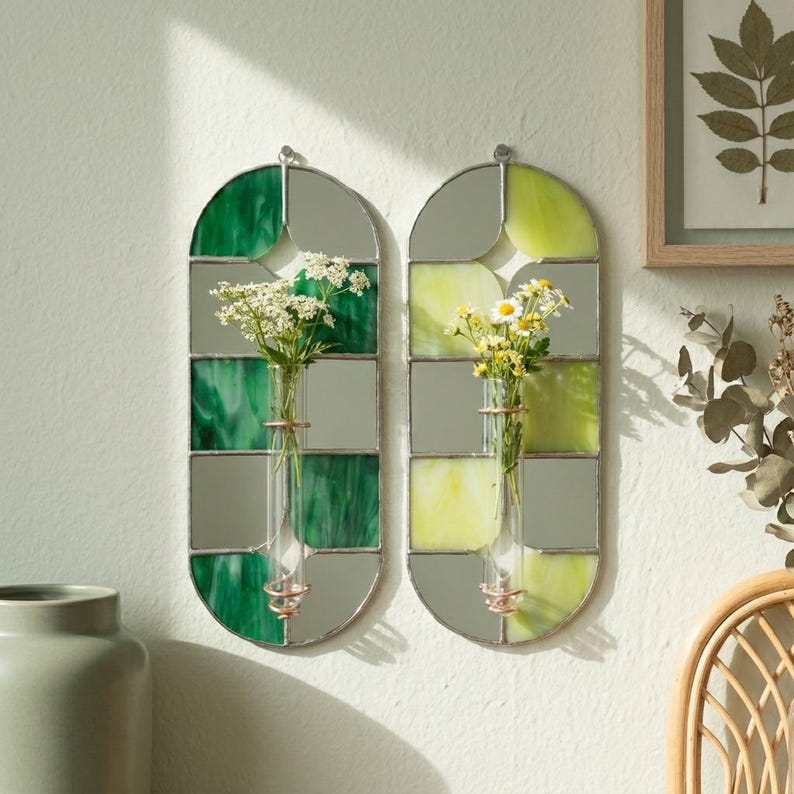 Buntglas-Wandvase, lindgrüner Spiegel, Schachbrett, Vermehrungsstation, Gartenkunst Pflanzendekor