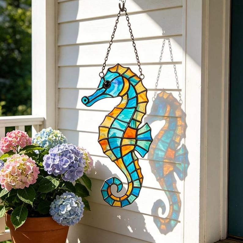 Seepferdchen Glasmalerei Suncatcher, Ozean Fensterbehang, Küstenglas Wanddekoration, Strandhaus Dekor, 4-12 Zoll