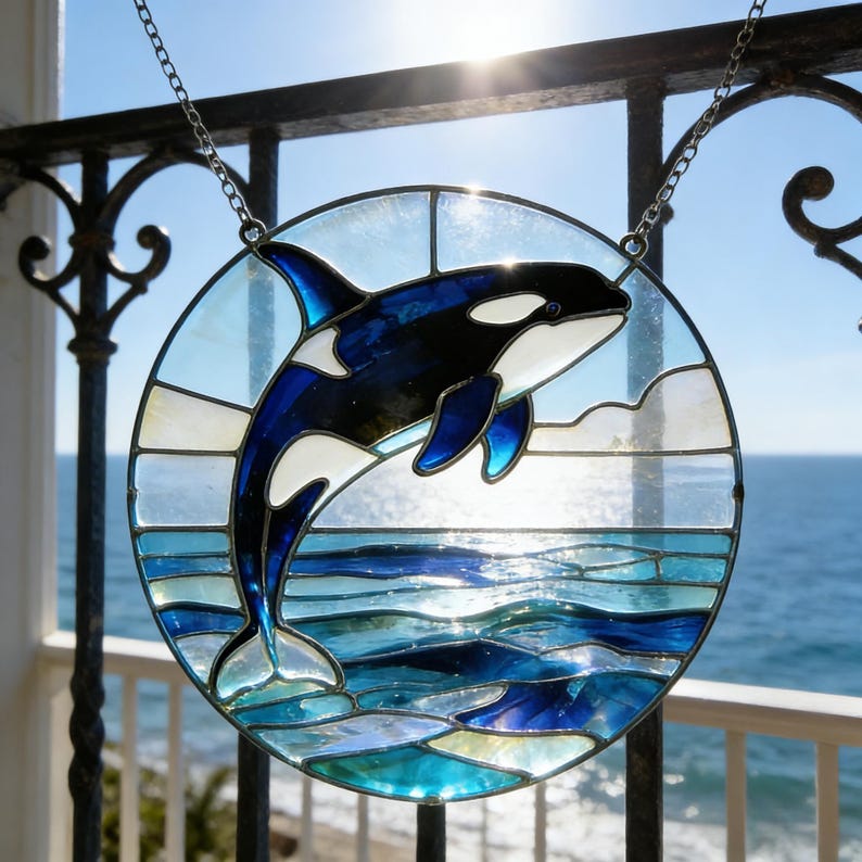 Runder Orca Sonnenfänger aus Glas – Fensterschmuck, Ozean Deko, Küsten & Nautische Dekoration