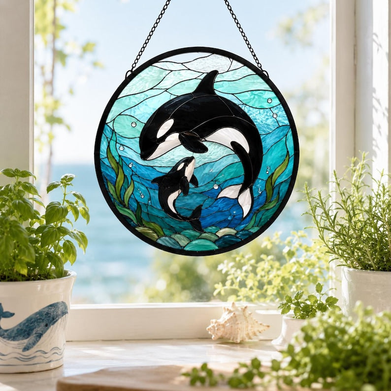 Runder Orca Glasmalerei Suncatcher - Fensterbehang mit zwei Schwertwalen in Meereswellen - Ozean Wanddeko